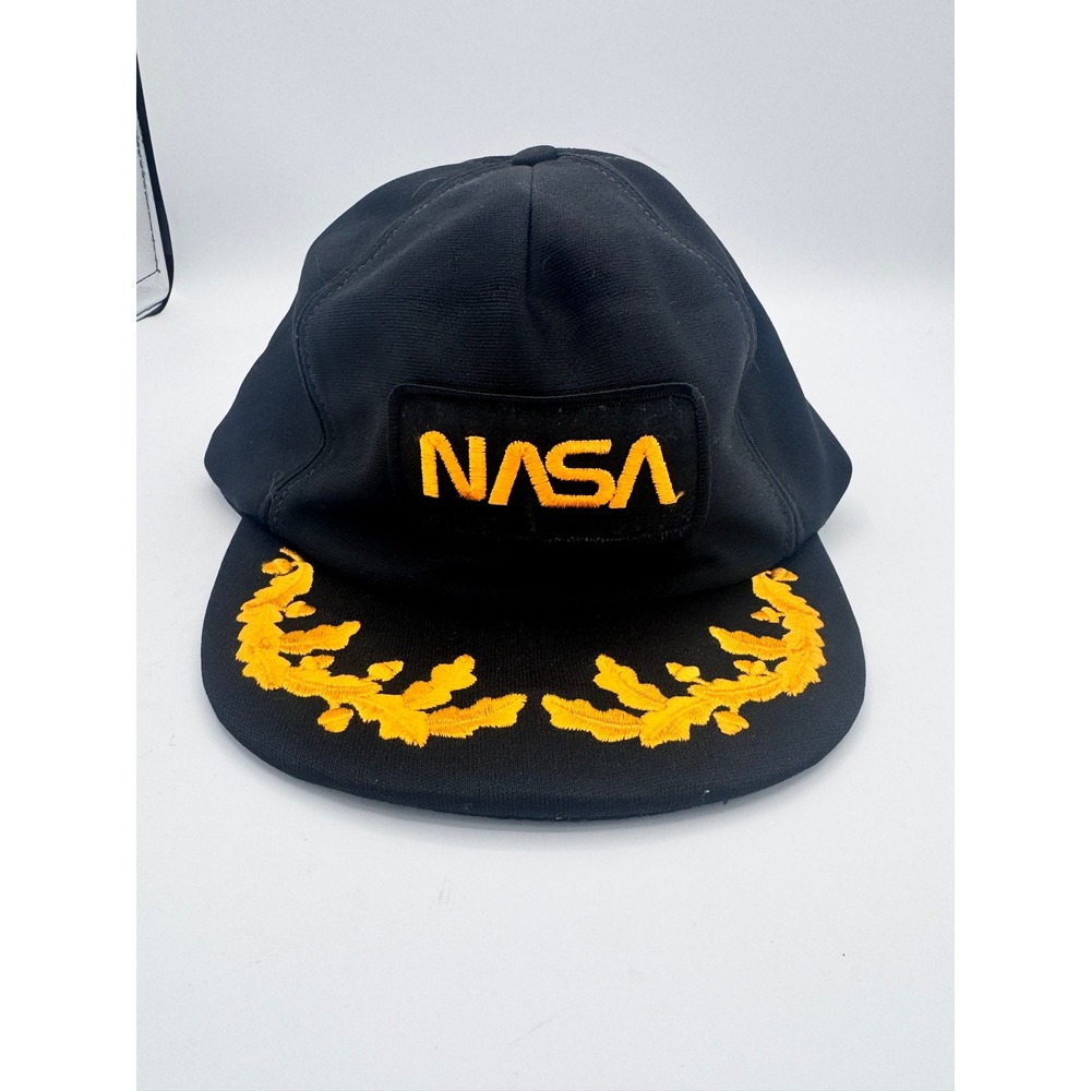 Vintage NASA Snapback Hat Black Gold Worm Logo Scrambled Eggs Made in USA Cap